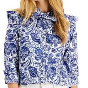 NWT Charter Club XXL Blue White Floral Ruffle Tie-Neck Button Down Blouse